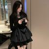 Черное мини-платье для торта, женское винтажное дизайнерское короткое платье с квадратным воротником и длинными рукавами, корейская мода Kpop, осень