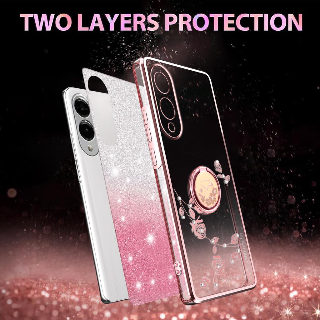 KADEM For Samsung Galaxy S25 Edge Case Ring Kickstand TPU Flowers Phone Cover Gradient Glitter