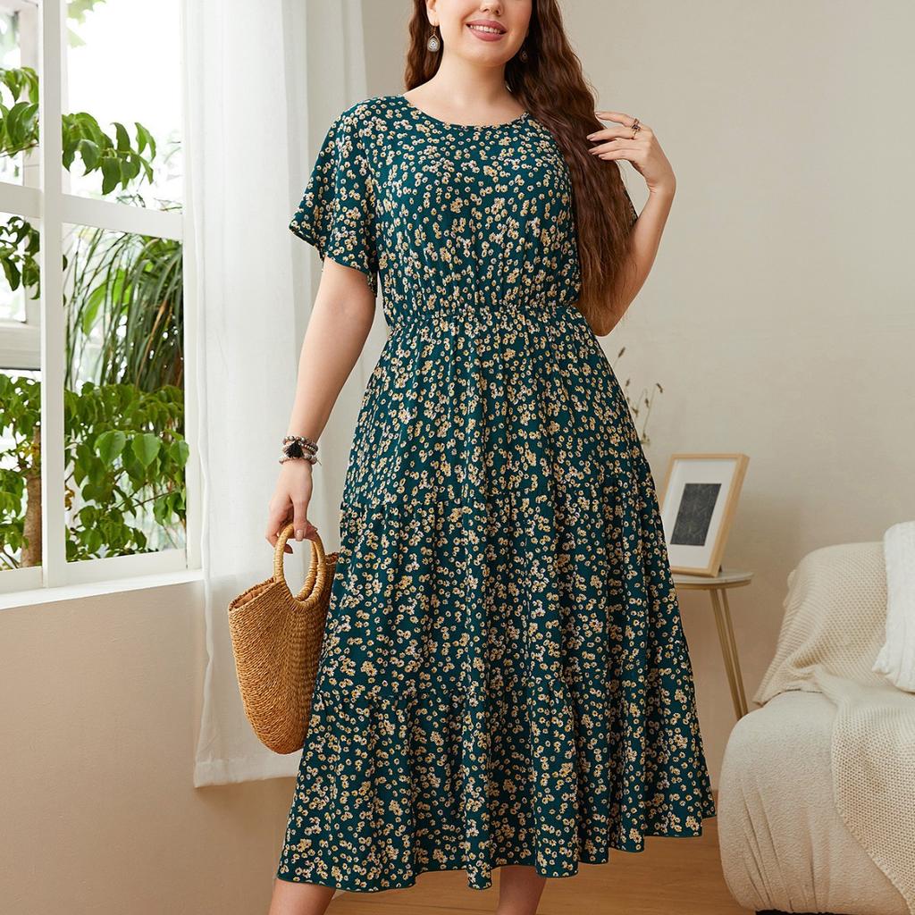 Plus Size Women's Dress Round Neck Printed Loose Large Swing Women's Dresses