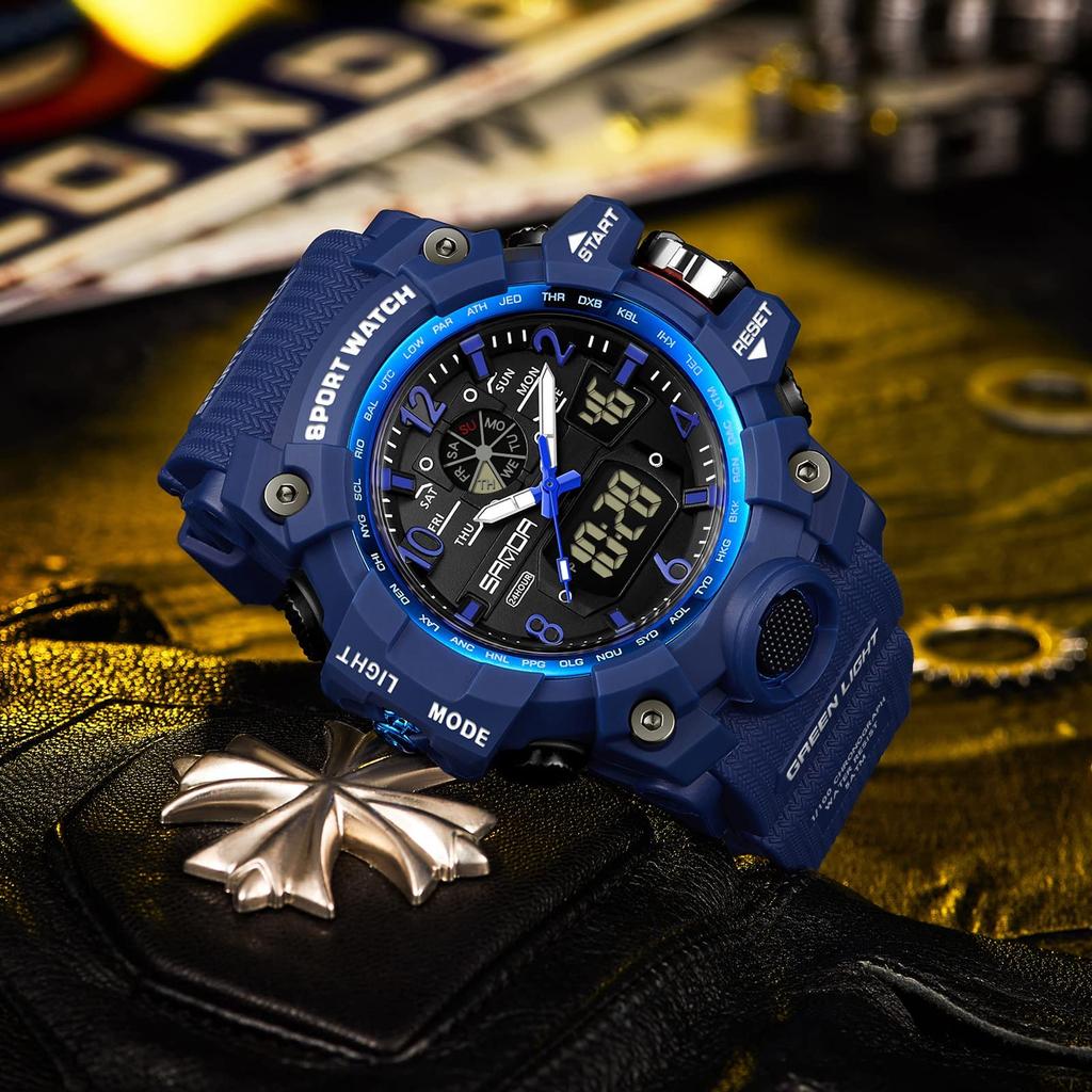 Цифровые часы, спортивный секундомер, водонепроницаемые, модные, в стиле милитари, часы для бега, двойное время, двусторонний дисплей времени, будильник, светящийся 50 м