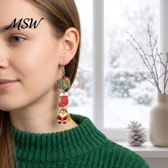 Women Seasonal Accessories 1 Pair Christmas Wooden Dangle Drop Earrings for Women, Cute Santa Festive Party Jewelry Gingerbread Candy Cane Earrings,