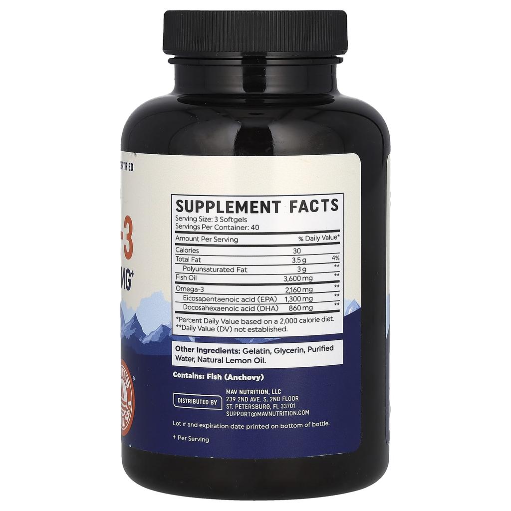 MAV Nutrition Omega-3 Fish Oil, Triple Strength, Natural Lemon Flavor, 120 Softgels