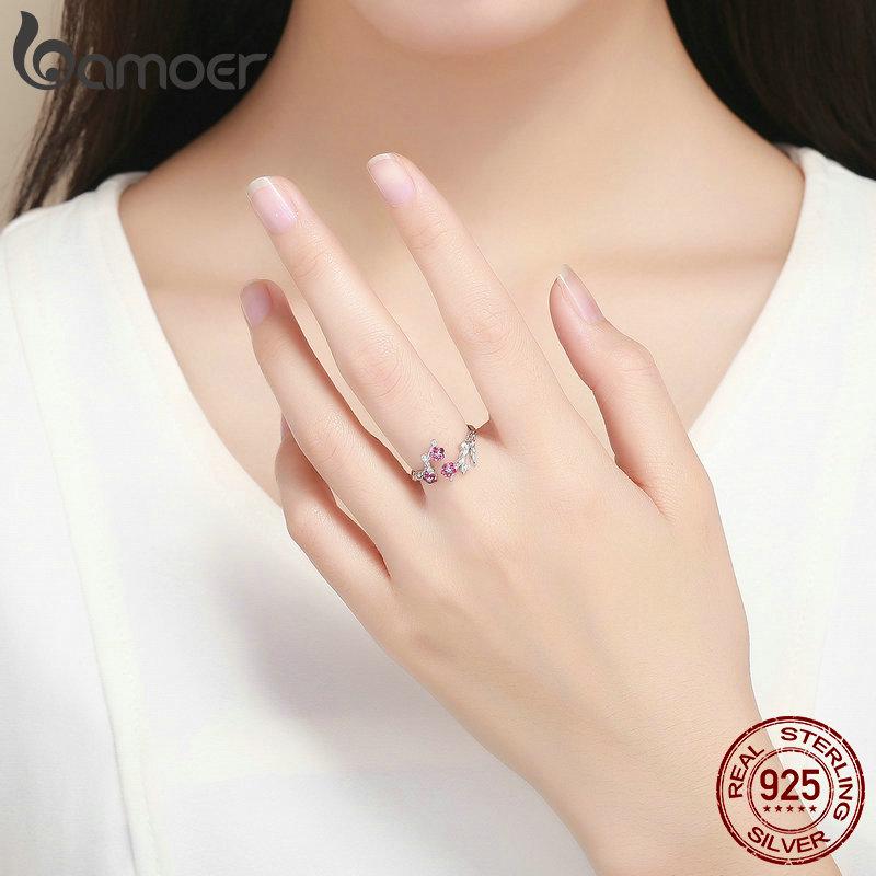 BAMOER 100% Серебро 925 Проволочная Зимняя Цветущая Слива Открытые Кольца для Женщин Свадебные Помолвочные Украшения BSR022