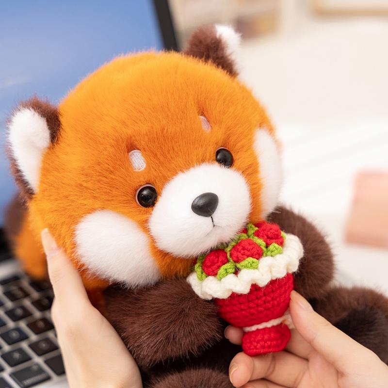 Cute Red Panda Hug Flower Bouquet Stuffed Animals Raccoon Plush Toy Groundhog Plushie Toy Valentine's Day Gift Confession Gift