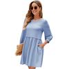 Spring and Autumn Women's Round Neck Split Sleeve Bubble Sleeve Waist Tie Waist Loose Flowing Mini Doll Dresses