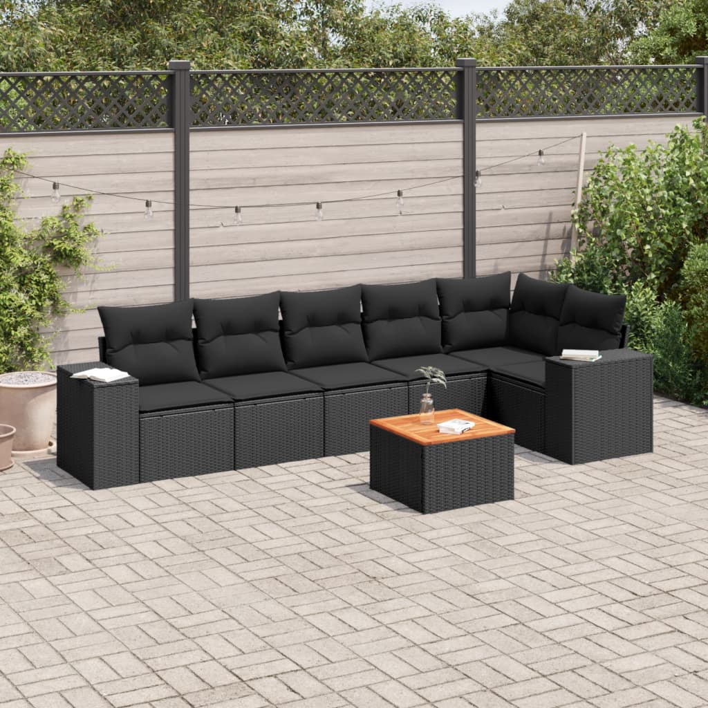 7 piece Garden Sofa Set with Cushions Black Poly Rattan