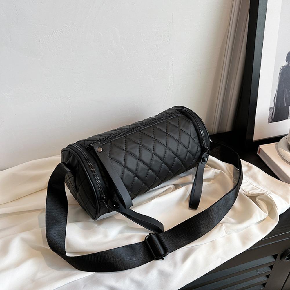 Fashionable Elegant Nylon Shoulder Bag Korean Style Solid Color Rhombus Crossbody Bag Plaid Handbag Cylinder Bag Lady