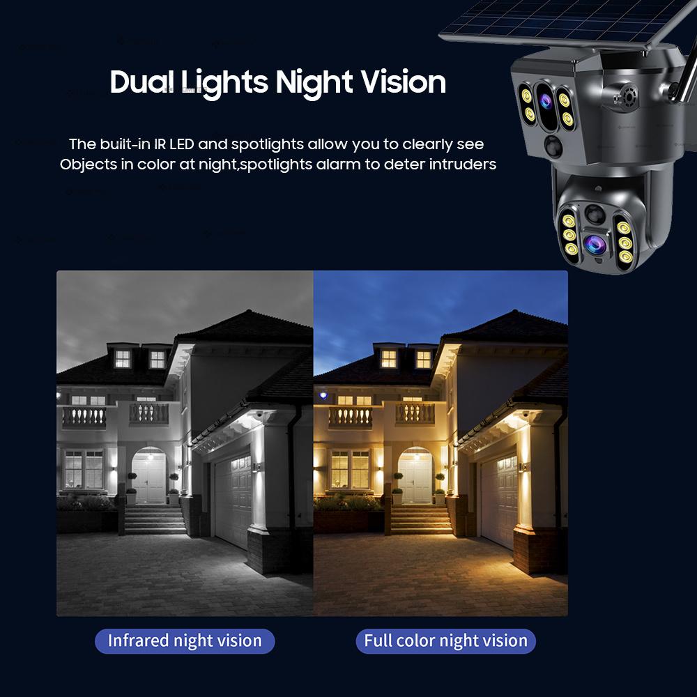 4G SIM-карта, солнечная, двойной объектив/вид 4K WIFI, беспроводная IP-камера PTZ, наружная, PIR-обнаружение, безопасность, ночное видение, наблюдение