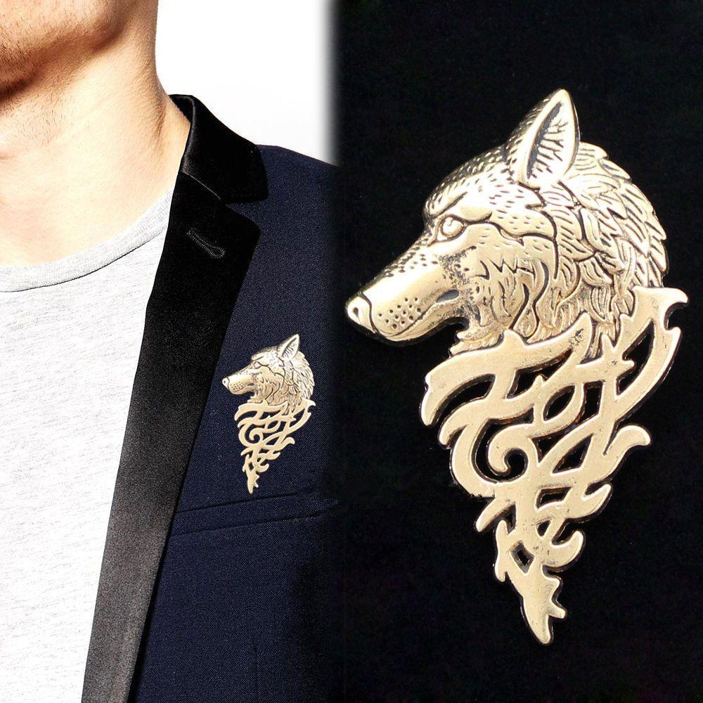 New Men Vintage Suit Collar Wolf Brooch Punk Lapel Badge Pin