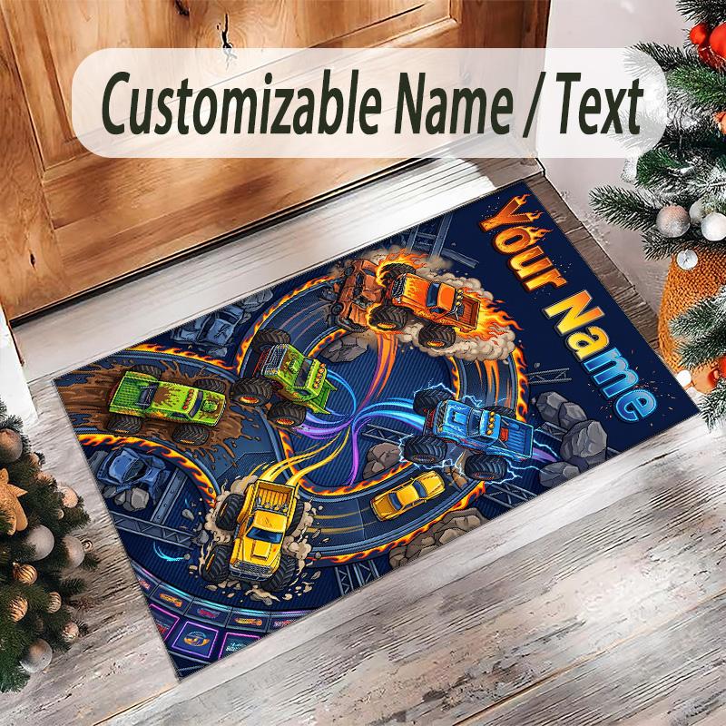 Monster Truck Theme Crystal Velvet Rug Personalized Custom Name Text Soft Floor Mat Home Decor