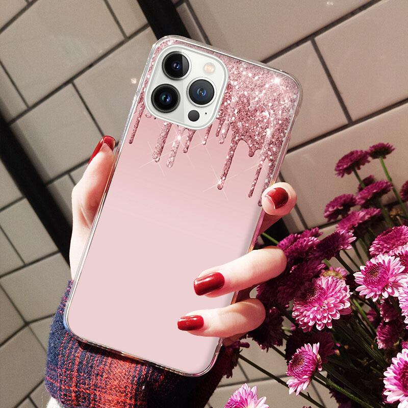 Чехлы для iPhone 14 12 11 13 Pro Max Чехол Силиконовый Funda на iPhone 13Mini X XS Max XR 8 7 14 Plus Переливающийся Блеск Розовый