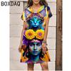 Colorful Indian Style Women Short Sleeve V-Neck 3D Printed Dress New Big Size Summer Casual A-Line Mini Dresses