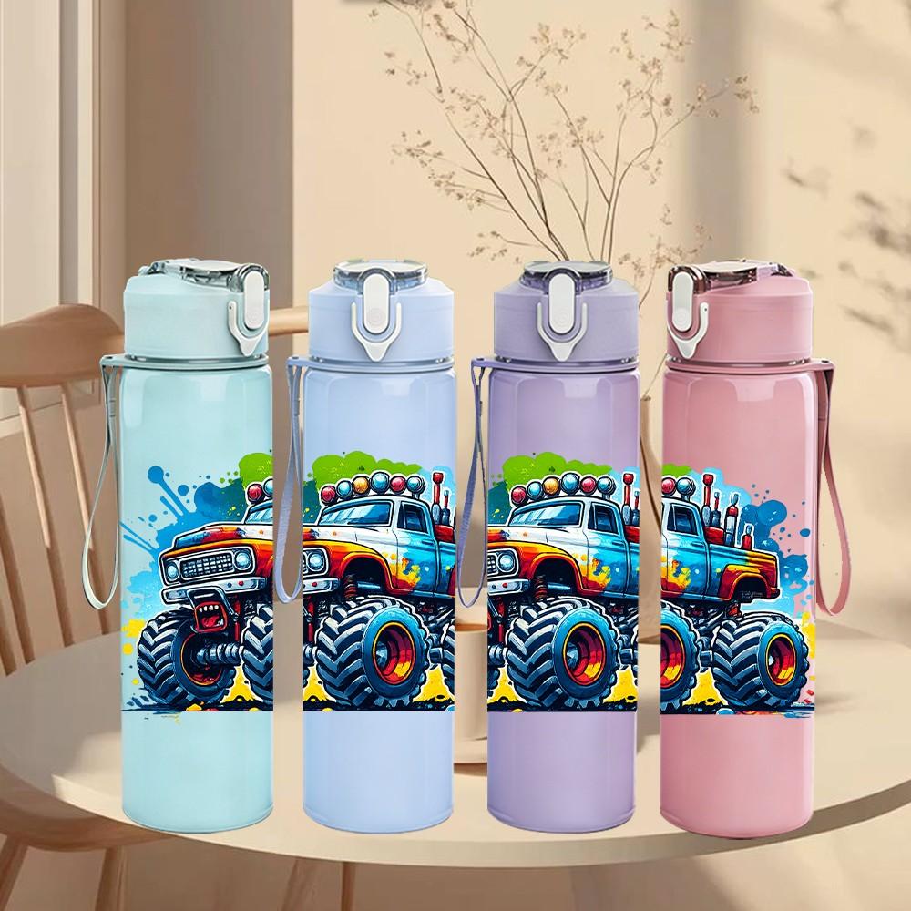 1PC Color Splash Monster Truck Print 750ml Color Plastic Sports Water Bottle Leakproof Flip Straw Lid Suitable for Sports Office Home Use