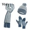 Age 3 to 8 Winter Accessories 1 Set Hat Scarf Gloves for Kids, Fleece Lined Striped Knit with Kids Warm Pom Pom, Cozy Toddlers Boys Girls Thickened