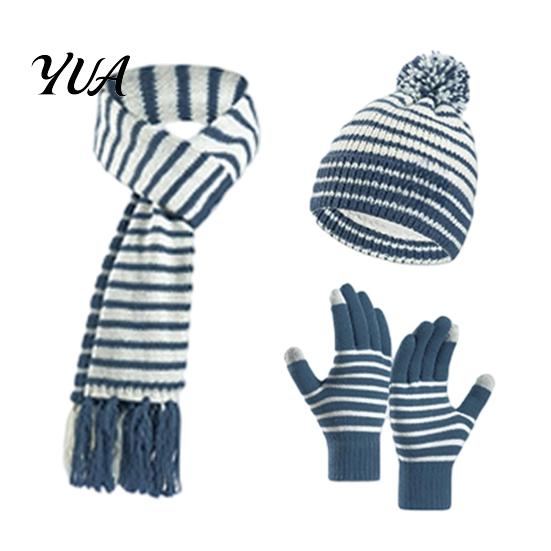 Age 3 to 8 Winter Accessories 1 Set Hat Scarf Gloves for Kids, Fleece Lined Striped Knit with Kids Warm Pom Pom, Cozy Toddlers Boys Girls Thickened