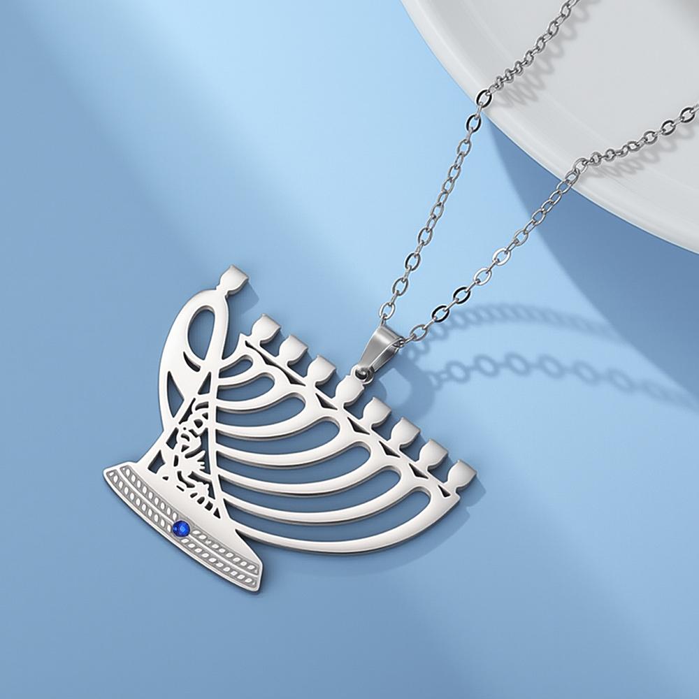Chanukah Menorah Necklace Religious Jerusalem Temple Hanukkah Shammash Pendant Stainless Steel Judaica Jewelry