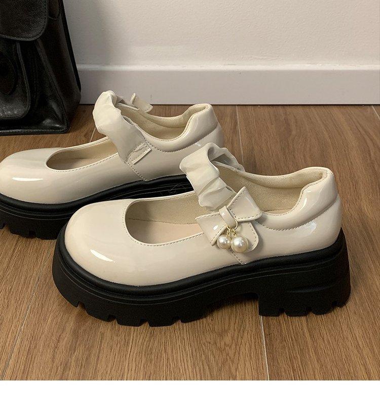 Туфли Мэри Джейн маленькие кожаные черные женские туфли на французской платформе 2025 года, новые весенние туфли с юбкой, круглым носком и толстым каблуком-жемчужиной