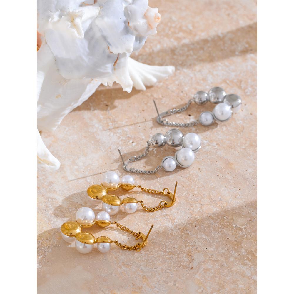 Yhpup Elegant Imitation Pearls Geometric Chain Drop Earrings for Women Stainless Steel Exquisite Daily Jewelry Bijoux Gift