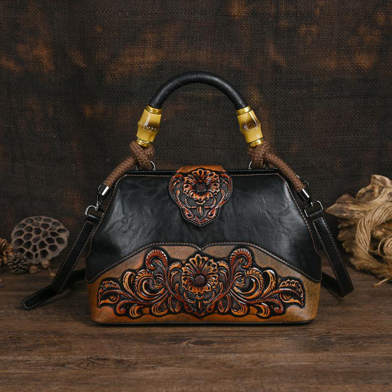 Retro Women's Embossed Crossbody Bag - European and American Style, Spliced Design, Handmade Color Rubbing Handbag