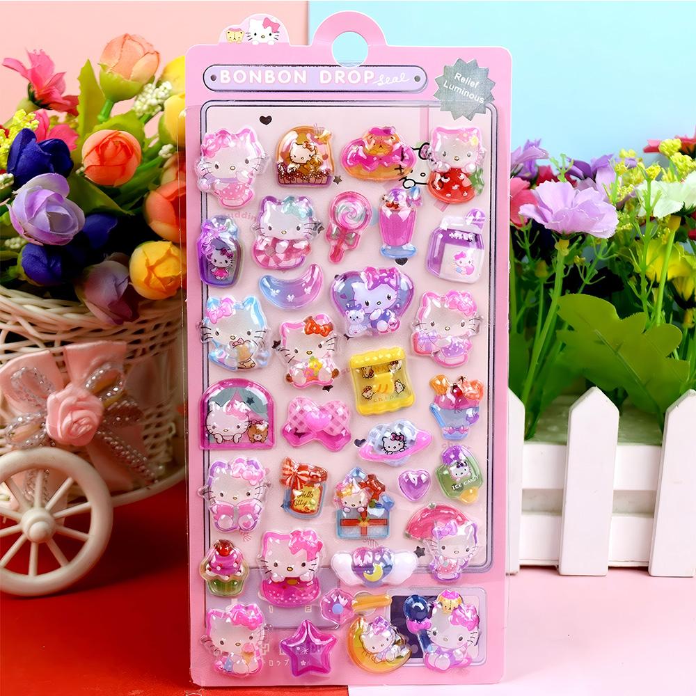 Kawaii Kuromi Cinnamoroll My Melody 3D Relief Stickers Cute Sanrio Luminous Crystal Sticker Toys Reward Decoration Decals Gifts
