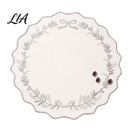 Waterproof Oil Proof Kitchen Table Placemats Embroidered Round Placemat, 15 Inch Scalloped Leaf Bow Embroidery Elegant Decor Washable Fabric