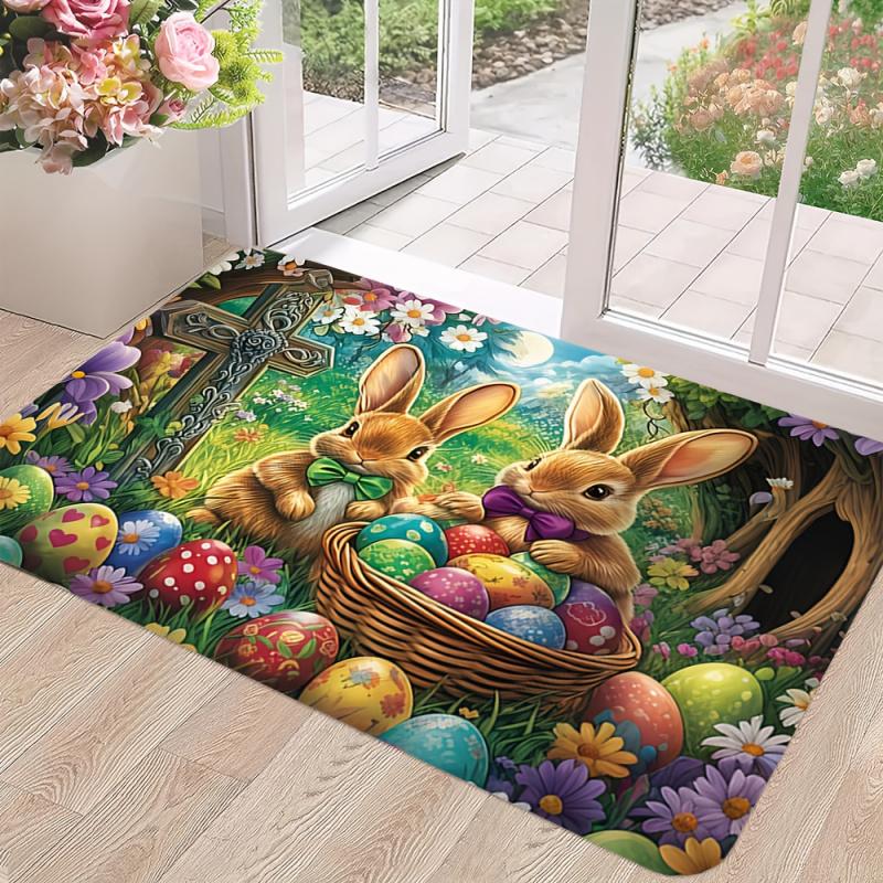 VIKAMA Forest Easter Rabbit Easter Egg Pattern Printed Door Mat For Holiday Decoration Home Entrance Door Mat Home Decor
