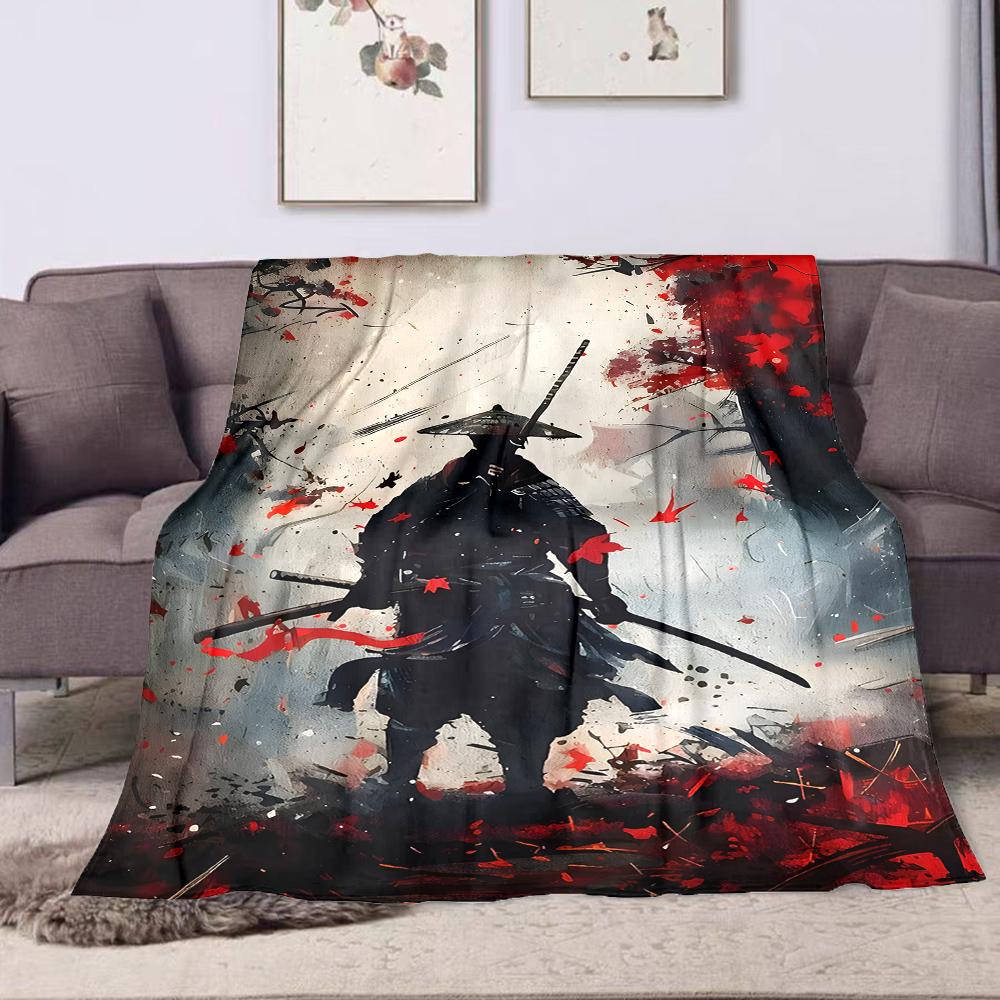 1PC Samurai with red maple leaves printed blanket all seasons multi-purpose blanket suitable for sofa, camping, travel, car