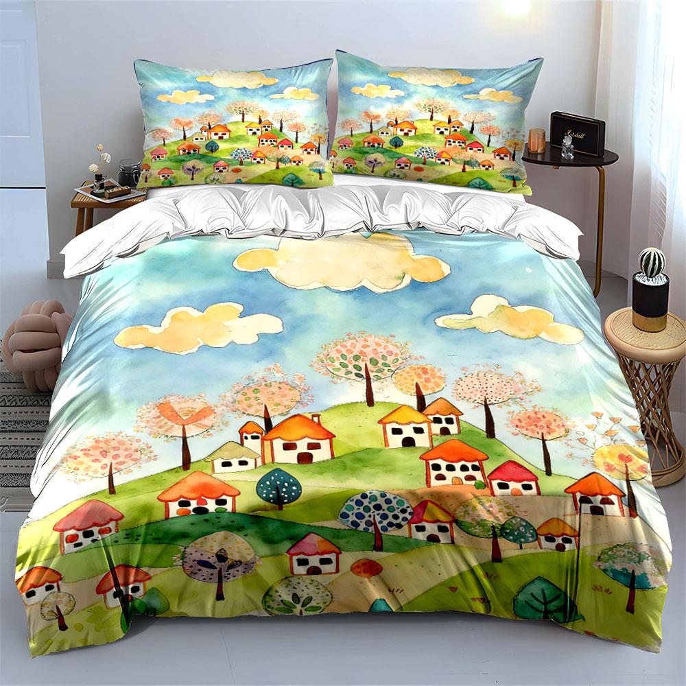 Houses, trees, hills, clouds. Bedding sets Duvet cover sets Duvet covers Pillowcases(1 * Duvet Cover 2 * Pillowcases without duvet insert)