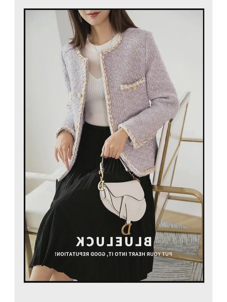 Маленький твидовый кардиган лавандово-фиолетового цвета: Женский бархат Plus, утолщенный, короткий стиль на осень/зиму 2024 г.