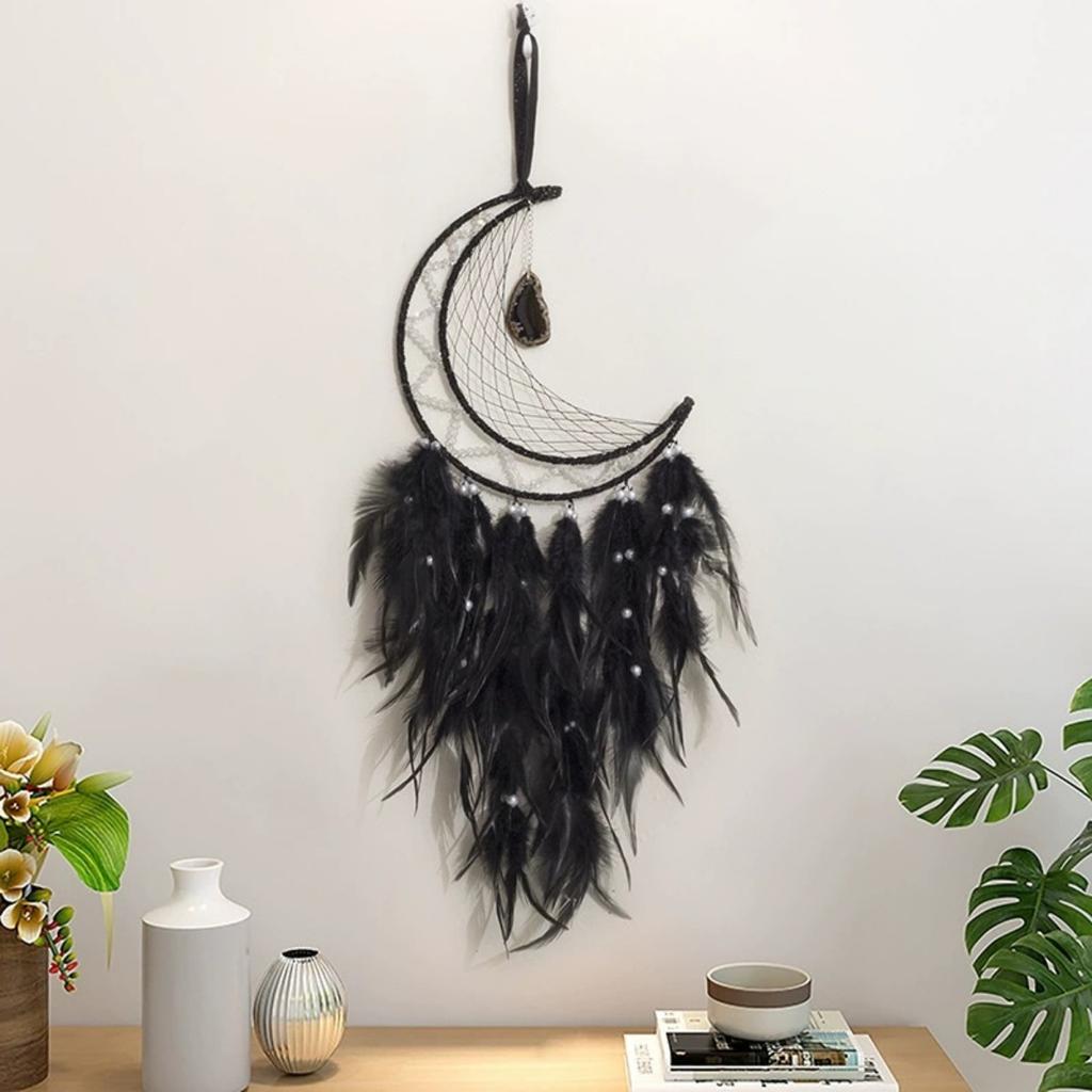 Witchy Crescent Moon Dream Catcher, Witch Pagan Woven Wall Hanging Dreamcatcher with Light, Gothic Wiccan Hippie Decor with Ornament Decoration
