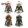 Women Winter Down Coat Faux Fur Fleece-lined Zip-up Press Button Closure Windproof Mid Length Jacket Camouflage Print Slim Fit Outerwear