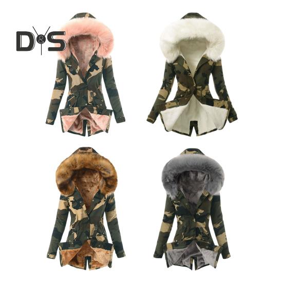 Women Winter Down Coat Faux Fur Fleece-lined Zip-up Press Button Closure Windproof Mid Length Jacket Camouflage Print Slim Fit Outerwear