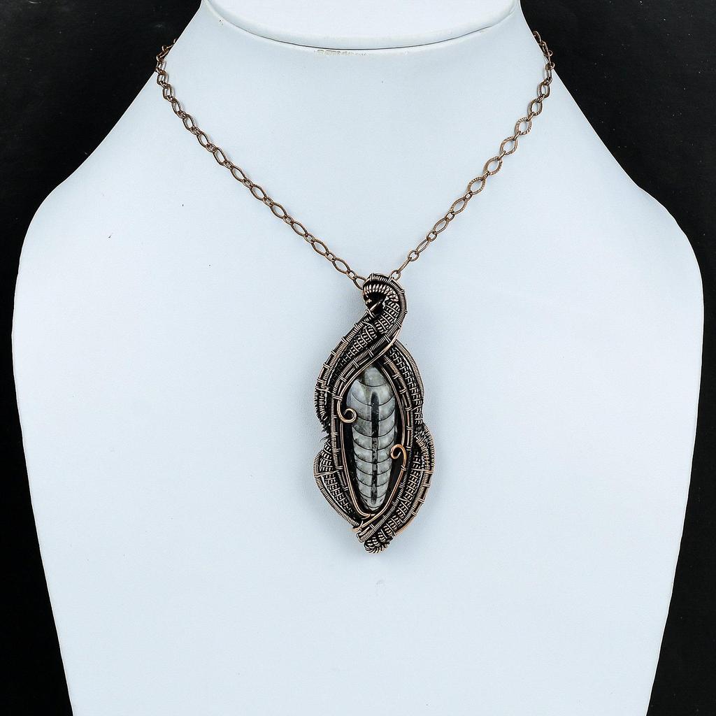 Подвеска Orthoceras Fossil, медная проволочная обертка, подвеска с драгоценным камнем, ручная работа, проволочная обертка, ювелирное изделие, подарок для мамы, уникальное ювелирное изделие из меди