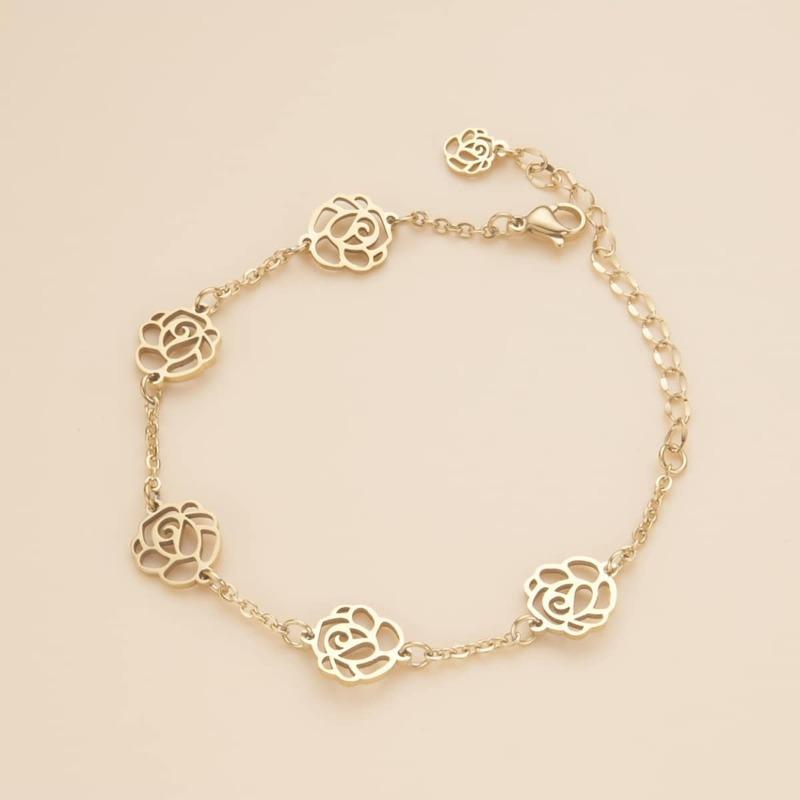Золотой браслет-браслет из нержавеющей стали с розой для женщин