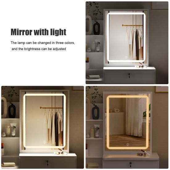 Vanity Desk with LED Lighted Mirror Makeup Mirror, Table 4 Drawers and Opening Shelves, Bedroom Dressing Stool