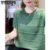 Summer Round Neck Knitted T-shirt Striped Hollow Ice Silk Knitted Short Sleeved T-shirt for Women