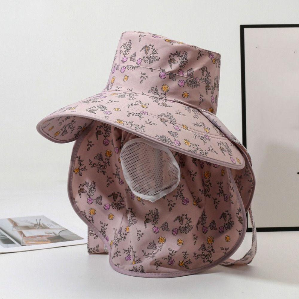 Fashion With Mask Picking Tea Hat Wide-brimmed Polyester Sunshade Shawl Cap Thin Floral Neck Protection Hat Women