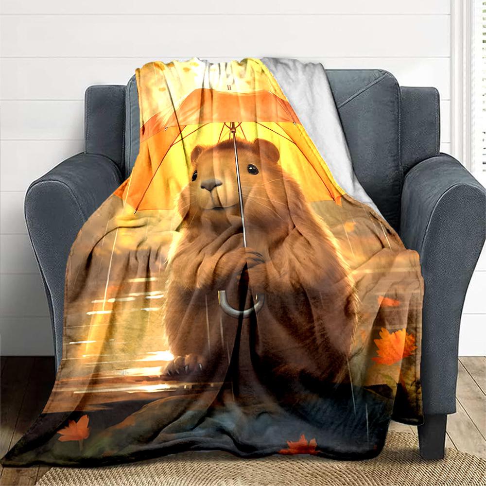 1pc Autumn Rain, Capybara Blanket, Lightweight Flannel Fleece with Digital Printing, Soft Warm for Sofa, Travel, Camping, Office, Couch, Chair, and Be