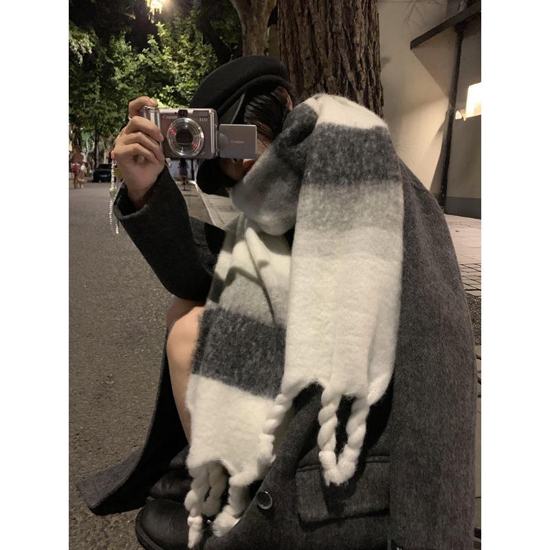 High Sense Gradual Change Color Black and White Striped Mohair Extended Large Version Scarf Imitation Cashmere Thickened Warm Shawl