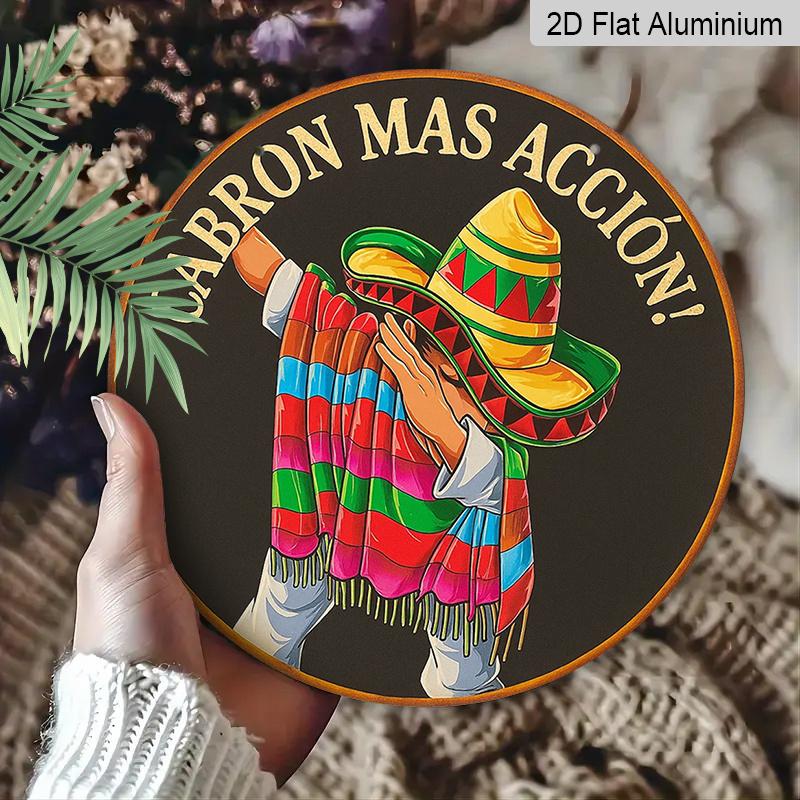 2D Flat, 1pc 7.87-Inch Round French & Mexican-Themed Aluminum Wall Plaque - Spanish/Latin Culture Decor Sign with Mariachi-Inspired Patterns, Mexican