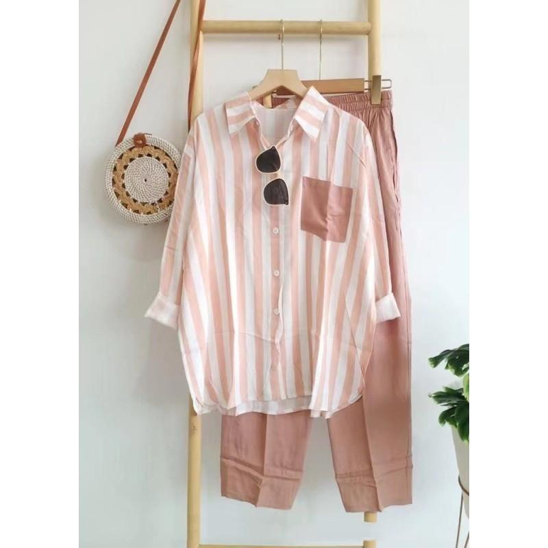 Летний женский дышащий комплект, повседневный, полосатый, свободный, пляжный, дорожный комплект, топ с длинным рукавом и брюки, комплект из 2 предметов