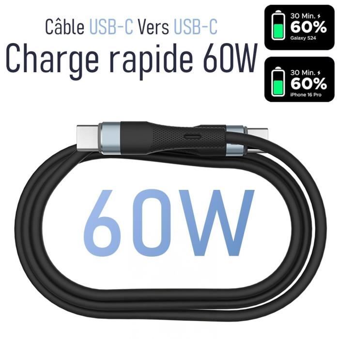 Câble USB C vers USB C Rapide 60W pour Xiaomi 15 14 Ultra, Xiaomi 14T-14T Pro, Xiaomi 13 13T 13T Pro 12-12T - Noir 1M