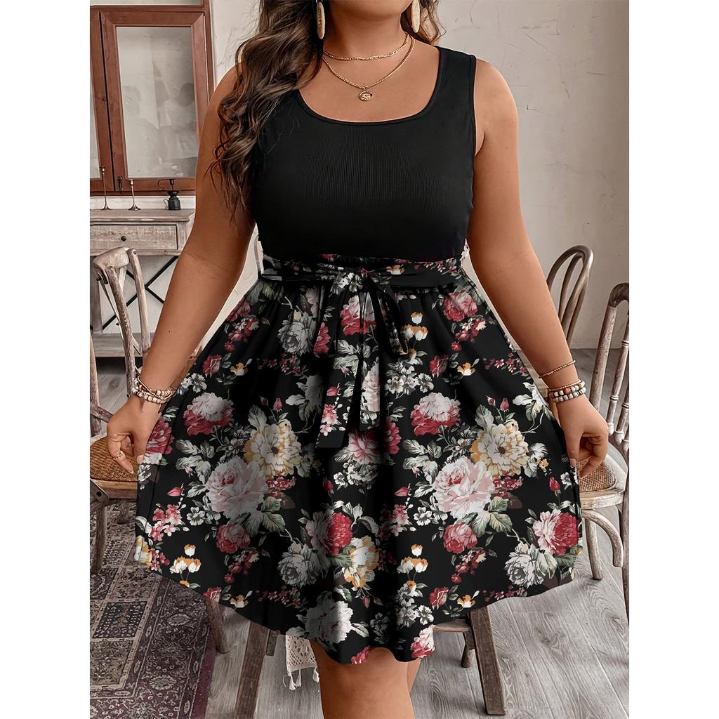 Женское модное повседневное платье без рукавов с цветным принтом и поясом большого размера