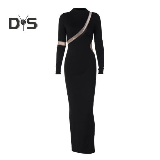 Женское платье из прозрачной сетки в стиле пэчворк, облегающее платье с разрезом, длинным рукавом, круглым вырезом, однотонное эластичное, с вырезом, длиной до щиколотки, вечернее, выпускное, макси-платье