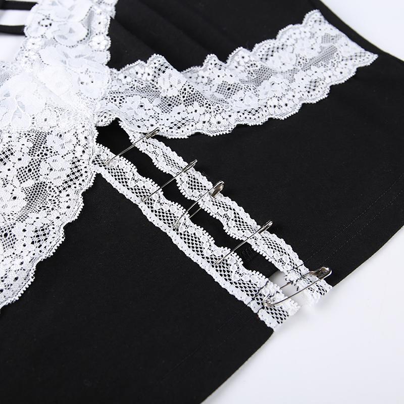 Готическая фея гранж кружева ажурные топы эстетичные сексуальные черные бретельки спагетти укороченные топы с открытой спиной Y2K уличная одежда панк топы