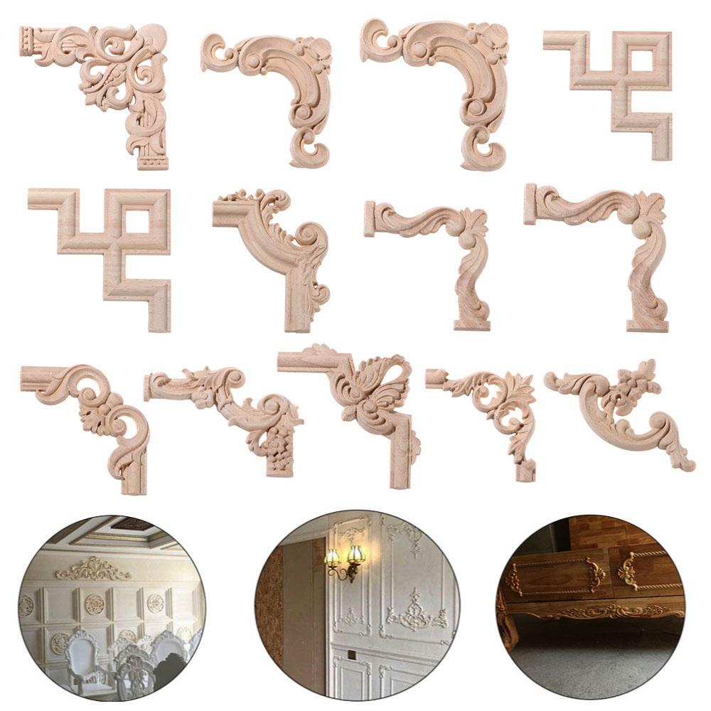 Decor Crafts Unpainted Oak Onlay Decal Corner Applique Decorative Wood Appliques Carved Wave Flower