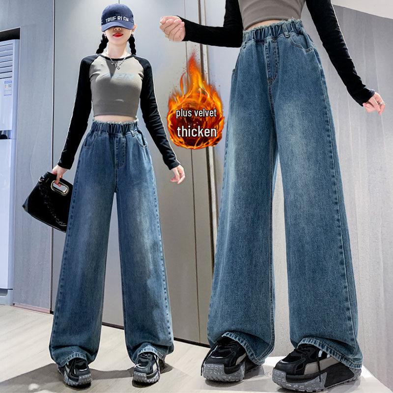 Брюки из плюшевого утолщенного денима: Высокая талия, универсальная, облегающая, прямая, широкая, женская одежда больших размеров.