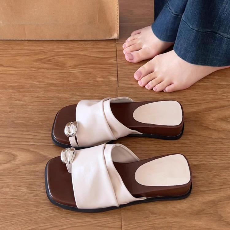 Sheepskin version French retro pleated metal toe slippers women's summer wear thick bottom not tired feet temperament cool slippers