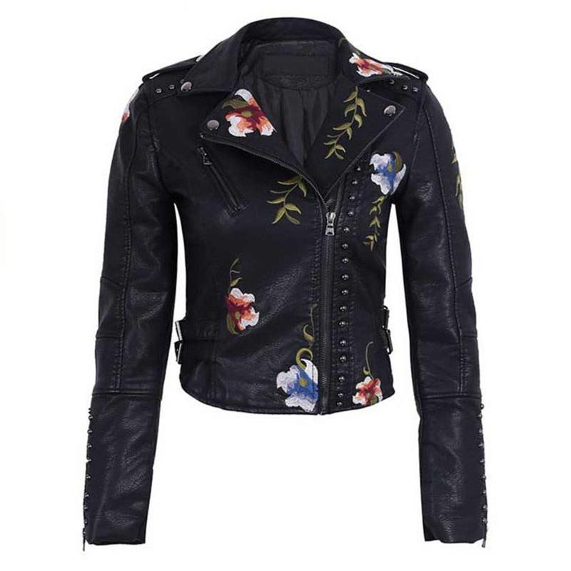 Women's Spring and Autumn Temperament Embroidered Rivets Women's Slim PU Heavy Metal Leather Short Jacket for Women