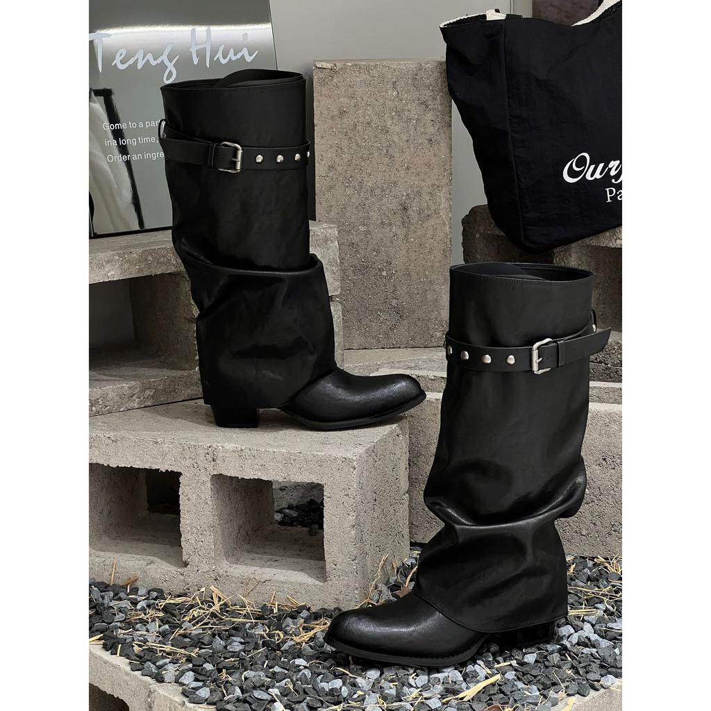 Pants boots women's autumn new pointed belt buckle medium tube knight boots niche retro but knee boots